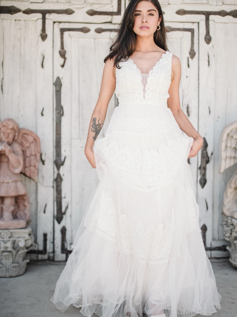 Ivory Lace Boho V-Neck Bridal Gown with Tulle Skirt